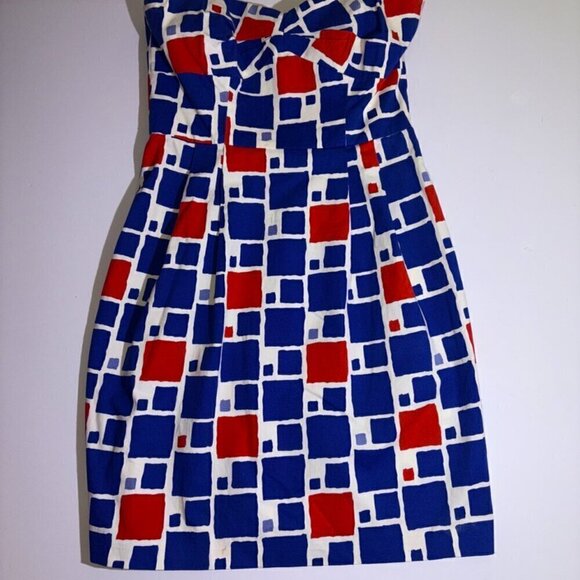 Shoshanna Strapless Bow Dress Cocktail Cup Easter Red Blue Pockets size 4 - Picture 1 of 15